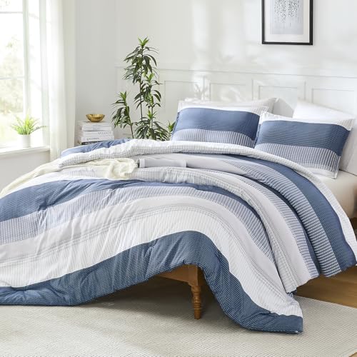 Litanika Oversized King Comforter Set - 3 Pieces Stripe Bed Set - Mineral Blue Fluffy Lightweight Soft Colorblock Down Alternative All Season Bed Set