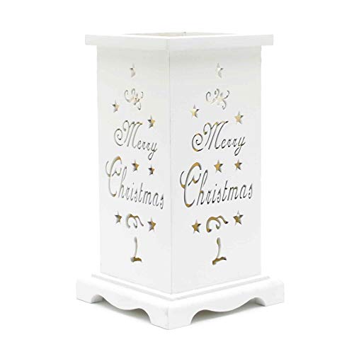 Shatchi Christmas LED Candle Flameless Table Top Wooden Holder Engraved Merry Christmas White Battery Operated