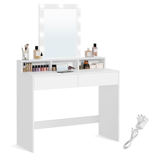 VASAGLE Collection - Dressing Table with Large Mirror, LED Light with Adjustable Brightness, Vanity Table with 2 Drawers and 3 Compartments, Makeup Table, Modern, White KAILYN RDT694W01