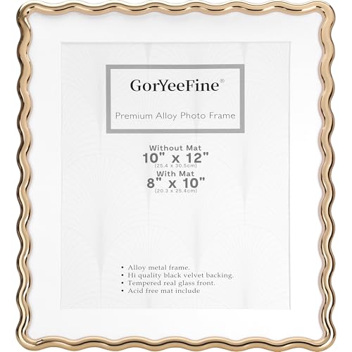GorYeeFine 10x12'' Heavy-Duty Zinc Alloy Gold Photo Frames with Acid Free Mat for 8x10'',Wave Design Gold Picture Frame 10x8'' with Black Premium Velvet Backing,for Desktop and Wall Hanging.
