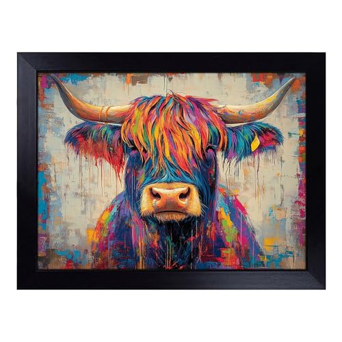 Lap Tray with Bean Bag Cushion, Highland Cow in Colour - Handmade in the UK, Raised Wooden Edge, Padded Cushion, Heat-Resistant Wipe-Clean Surface, for Meals, Laptops and Crafts