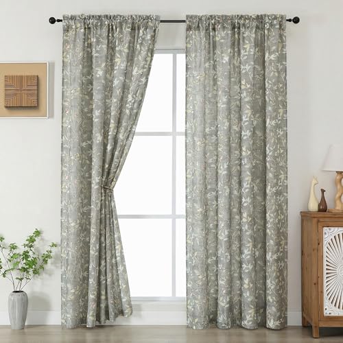 Chyhomenyc Linen Blend Window Curtains 63 Inch Length 2 Panels, Light Filtering Floral Printed Curtain Drapes for Living Room, Rod Pocket Soft Bedroom Curtain Panels, 38Wx63L Inch, Grey