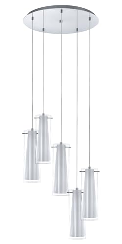 Eglo Pendant Lighting Pinto, 5 Bulbs Ceiling Light Fitting Made of Chrome-Coloured Steel, Clear and matt Opal Glass, Hanging lamp for Dining and Living Room, E27 Socket