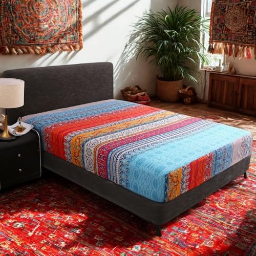 "LweiPsqLin Bohemian Fitted Sheet Queen Size - 15"" Deep Pocket Wrinkle-Resistant Microfiber Bed Sheet - All-Season Elastic Mattress Cover with Artistic Floral Design, Boho A"
