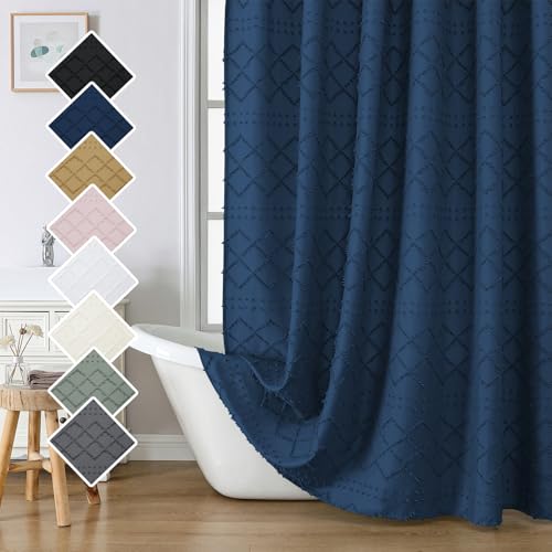 Lecloud Dusty Blue Fabric Shower Curtain 72x72 Inches, Clip Jacquard Farmhouse Plaid Striped Cloth Shower Curtain, Chic Tufted Hotel Bathroom Shower Curtain Sets with 12 Hooks