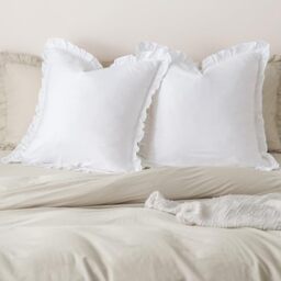 "100% Washed Cotton Euro Shams with Ruffle, 2 Pack 26"" x 26"" Cotton Euro Sham Pillow Covers, No Insert, Ultra Soft Decorative Farmhouse Pillow Covers for Bed Sofa, White"