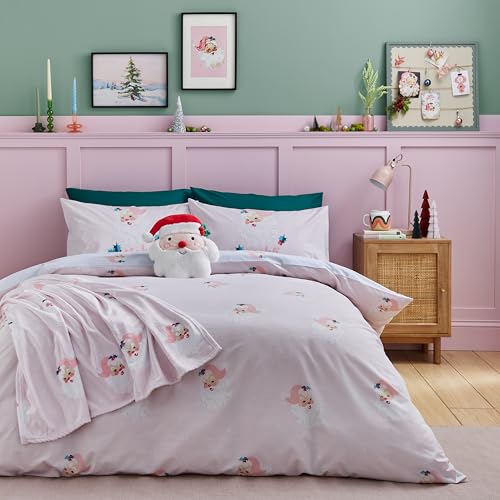 Catherine Lansfield Vintage Christmas Santa Reversible King Duvet Cover Set with Pillowcases Pink