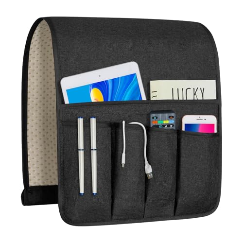 "Remote Control Holders for Armchairs, Couch Caddy, Featuring Non-Slip Bases - 5 Pockets Bedside Storage Pocket for TV Remote Holder, Phone Tablet Kindle, Magazines, Gifts for Seniors (Black, 35""X12.4"")"