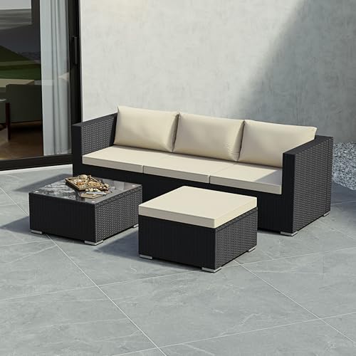 Garden Vida Hampton 4 Seater Corner Rattan Seating Set - Black - Complete Outdoor Garden Patio Furniture Set - Steel Frame & PE Wicker Construction - UKFR Certified - Weather Resistant, With Cushions