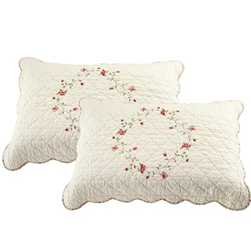 "vctops 2-Piece Elegant Floral Embroidered Pillow Shams King Size 100% Cotton Quilted Decorative Pillow Shams Set (Cream,20""x36"")"