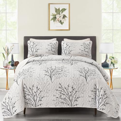 DJY White Quilt Set King Size - 3 Pieces Botanical Pattern Bedspread Coverlet Set, Cream White Floral Quilt Bedding Set Soft Lightweight Microfiber Bed Cover for All Season