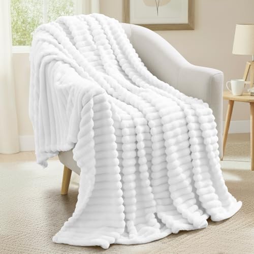 decorUhome White Fleece Throw Blanket 50x60 Inches - Soft Couch Cozy Fluffy Plush Flannel Striped Blanket for Sofa Bed, Lightweight Decorative Ribbed Fuzzy Blanket for Woman