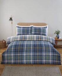 Rapport Home Regalia Plaid Bedding Set – King - Reversible Tartan Check Duvet Cover with Matching Pillowcase & Fitted Sheet - Blue, Polyester Microfibre