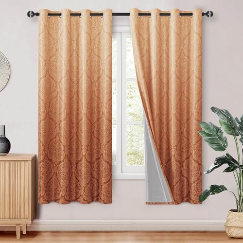 DWCN Full Blackout Curtains for Bedroom 63 Inch Length - Damask Patterned Ombre Thermal Insulated Energy Saving Grommet Drapes for Living Room, Gradient Window Curtain 2 Panels, 52 x 63, Burnt Orange