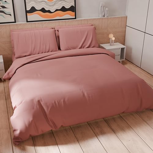 PETTI Artigiani Italiani - Double Duvet Cover Set 230 x 220 cm (2 Pillowcases 75 x 50 cm Included), Soft Microfibre Duvet Cover Set, Solid Colour Dark Powder