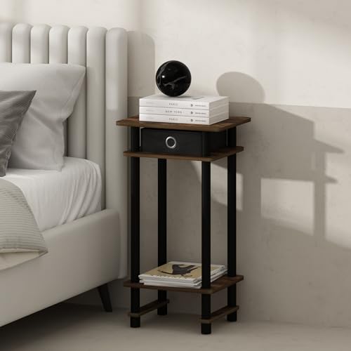 Furinno TURN-N-TUBE Night Stand Set of 2, 3-Tier Open Shelf Design Nightstand with Storage Bin, Tall Bedside Table, End Table, Side Table, for Bedroom, Living Room, Amber Pine