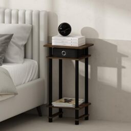 Furinno TURN-N-TUBE Night Stand Set of 2, 3-Tier Open Shelf Design Nightstand with Storage Bin, Tall Bedside Table, End Table, Side Table, for Bedroom, Living Room, Amber Pine