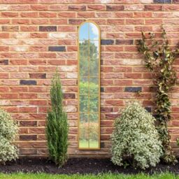 "MirrorOutlet The Arcus - Gold Framed Modern Full Length Garden Arched Leaner Wall Mirror 67"" X 12"" (170CM X 30CM) Silver Mirror Glass with Black All weather Backing."