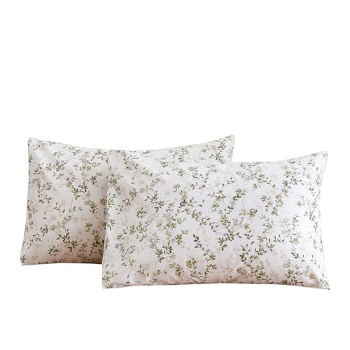 "ECOCOTT Pillowcase Queen Size Set of 2, Mini Green Leaves Pattern Printed Floral Pillow Cases - Soft and Breathable 100% Cotton Pillow Covers with Envelope Closure (Queen, 20""x30"")"