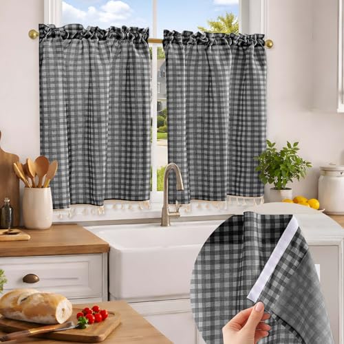 Jilron No Drill Classic Checkered Linen Kitchen Curtains ??? Farmhouse Tier Drapes with Rod Pocket for Small Windows-Black Check(W 34*L 36in-2-Panel)