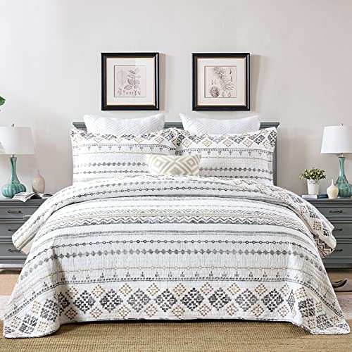SahSahCasa Quilt Queen Size, Queen Quilt Set, 100% Cotton Boho Quilts, Queen Quilted Bedding Set Bedspreads, Bohemian Reversible Lightweight Striped Comforter for All Season, White/Grey, 3-Piece