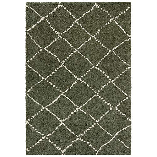 Mint Rugs Hash High Pile Rug Round Soft Fluffy Diamond Pattern Diameter 120 cm 100% Polypropylene Suitable for Underfloor Heating Robust Olive Green Cream