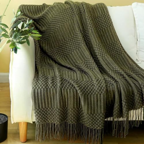 Blagic Knitted Throw Blanket for Couch, Bed and Sofa. Super Soft Blanket with Tassels, Hiking Green Throw Blanket, 50 x 60 Inches Lightweight & Cosy Home Decor