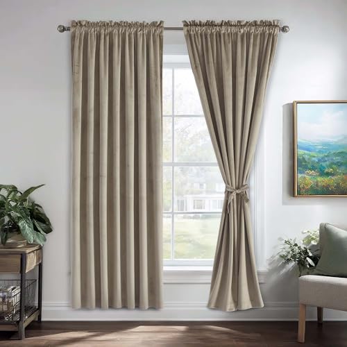 JIUZHEN Velvet Curtains 72 Inch Long Taupe Blackout Curtains & Drapes Thermal Insulated Noise Reducing Rod Pocket Curtains for Living Room/Bedroom, 2 Panels, 52W x 72L, Taupe