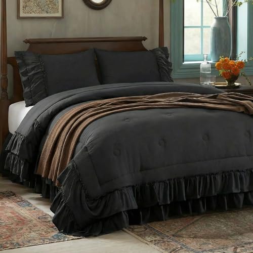 Black Comforter Set Queen Boho Bedding Set Shabby Chic 2 Layers Ruffled Bedroom Home Decor Ultra Soft Microfiber Farmhouse Down Comforter Bohemian Quilt Set