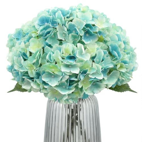 2Bouquets Artificial Fake Flowers Plants Silk Hydrangea Arrangements Wedding Bouquets Decorations Plastic Floral Home Kitchen Garden Party Festival Bar DIY (Light Blue,5 Flower Heads)