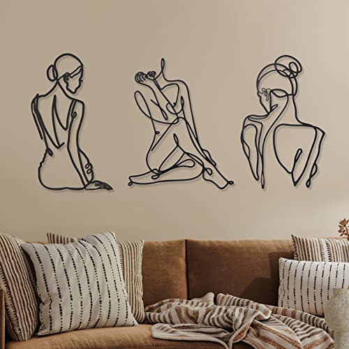 Photect 3 Pcs Metal Wall Art Decor Minimalist Abstract Woman Wall Art Metal Modern Line Drawing Decor Female Single Line Home Hanging for Bedroom Bathroom Living Room Housewarming(Retro,Black)