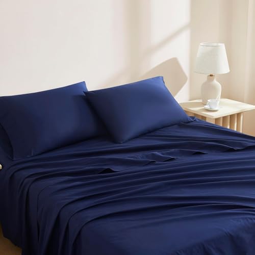 Linen Closet Luxury Cotton 144 Thread Count Organic Cotton 4-Piece Sheet Set, Full, Navy