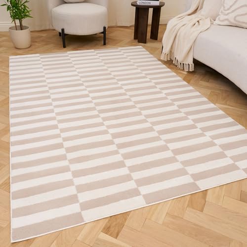 THE RUGS Living Room Rug, Loft Collection – Modern Textured 14mm Soft Pile Area Carpet, Non-Shedding & Easy Care [ Block Stripe Beige, 80x150 cm]