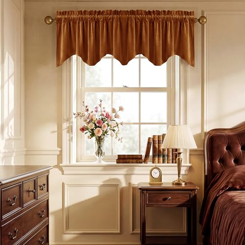 StangH Burnt Orange Valance for Window, Soft Velvet Scalloped Half Window Short Curtain Halloween Holiday Decoration for Dining Living Room Office Laundry, W52 x L18, 1 Panel