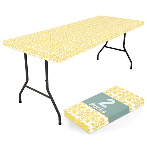 "misaya 2 Pack 6 Foot Rectangle Picnic Tablecloth, Elastic Fitted Waterproof Table Cover, Windproof Washable Polyester Table Cloth for Camping, Indoor and Outdoor???Yellow, 30""x 72"""
