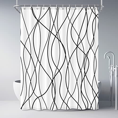 Punkray Black and White Striped Wavy Line Polyester Shower Curtain for Bathroom, Extra Long 84 Inches, Weighted Hem, Waterproof Bath Accessories - Machine Washable