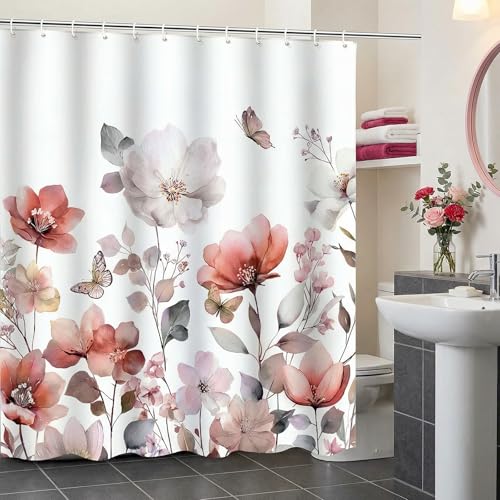 ZCHOMI Pink Red Floral Shower Curtain Watercolor Flower Leaves Butterfly Elegant Bathroom Curtains Waterproof Polyester Fabric Bath Curtain 72 x 72 Inch with 12 Hooks