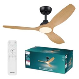 Philips Olas Ceiling Fan Light, LED Light, 132cm Diameter, Black/Wood - 3 Blades, Cool to Warm White Light, 3000-6500K, 2650lm, Dimmable, Remote Control Included, 6 Fan Speeds, Quiet Operation