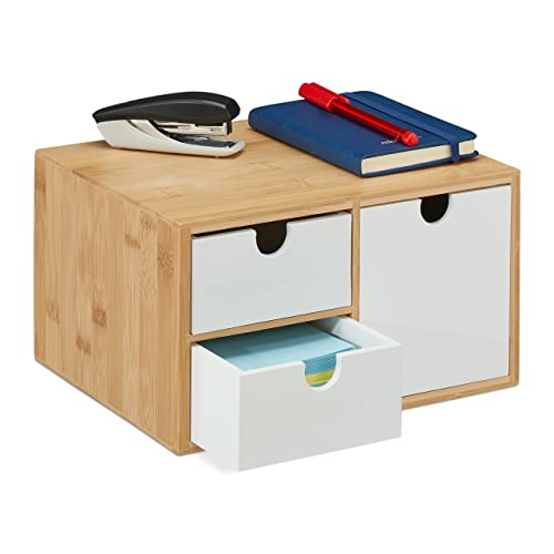 Relaxdays Desk Organiser, 3 Drawers, for Office Supplies, H x W x D: 14.5 x 25 x 20 cm, Bamboo & MDF, White/Natural