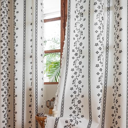 "Sutuo Home White Boho Curtains 2 Panels for Bedroom Dining Room, Bohemian Cream Semi Blackout Floral Linen Curtains Stripes Decor with Tassels Country Privacy Grommet Window Treatment 52"" W x 96"" L"
