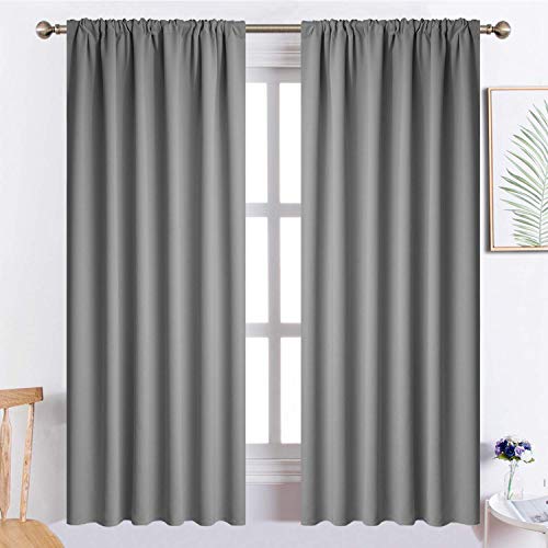 Yakamok Grey Rod Pocket Blackout Curtains 63 inches Long for Bedroom - Room Darkening Thermal Insulated Window Treatment Drapes for Living Room, 52W x 63L Inch,2 Panels
