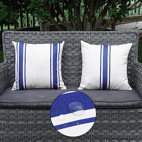 ONWAY Outdoor Pillow Covers Waterproof 18x18 Set of 2 Decorative Linen Throw Pillow Cover Beige and Navy Blue Striped Outdoor Pillows for Patio Furniture