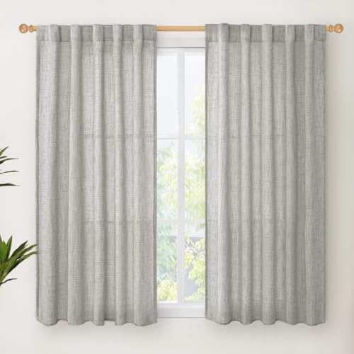 YoungsTex Light Grey Linen Semi Sheer Curtains 45 Inch Length 2 Panels - Short Light Filtering Drapes Rod Pocket Back Tab for Bathroom Living Room Window, 2 Panels, 42 X 45 Inch