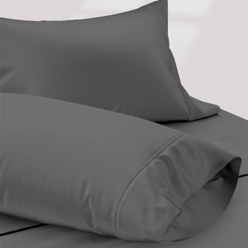Texas Linen Co. 100% Egyptian Cotton Pillow Cases Standard/Queen Size Set of 2 - Luxury 1200 Thread Count Sateen Dark Grey Pillow Cases, Silky Soft Cotton Pillowcases Fits Standard & Queen Pillows