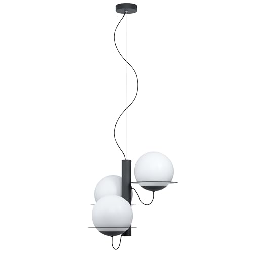 EGLO Sabalete Pendant Light, 3-Bulb Modern Pendant Light Made of Steel and Glass in Black, White, Opal Matte, Dining Table Lamp, Living Room Lamp Hanging with E27 Socket