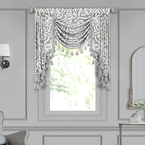 Loom and Mill Contemporary Jacquard Waterfall Valance for Living Room Bedroom, Modern Damask Swag Window Valances with Tassels, Luxury Swag Curtains for Banquet Holiday Decoration(W39Inch,1 Panel)
