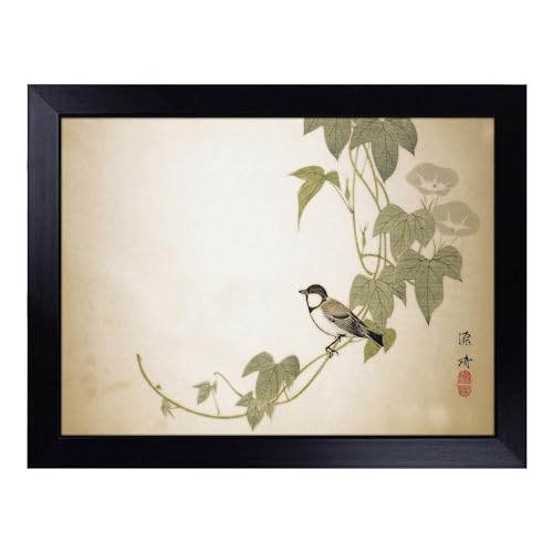 Lap Tray with Bean Bag Cushion, Bird On The Tree By Matsumura Goshun - Handmade in the UK, Raised Wooden Edge, Padded Cushion, Heat-Resistant Wipe-Clean Surface, for Meals, Laptops and Crafts