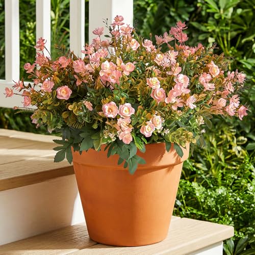 RM ROOMERS Artificial Flowers Plants for Outdoors, Fake Flowers Pink Rose - Pink Mini Rose UV Resistant Faux Flower for Garden Porch Windowbox Front Door Yard, No Fade Home Vase Decor (4 Bundles)