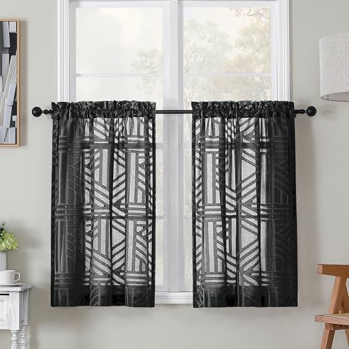Simplebrand Semi Sheer Black Curtains 36 Inch Length 2 Panels, Geometric Jacquard Clip Textured Short Sheer Curtains for Bedroom???Modern Elegant Window Curtains Panels/Drapes/Treatment, 30x36 inch