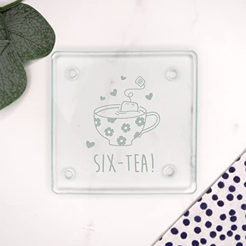 eBuyGB Engraved Square Glass Coaster -SIX-Tea Design - 60th Birthday Gifts for Women, Her - Sixtieth Birthday Gift for Mum, Grandma - Drinks Mat